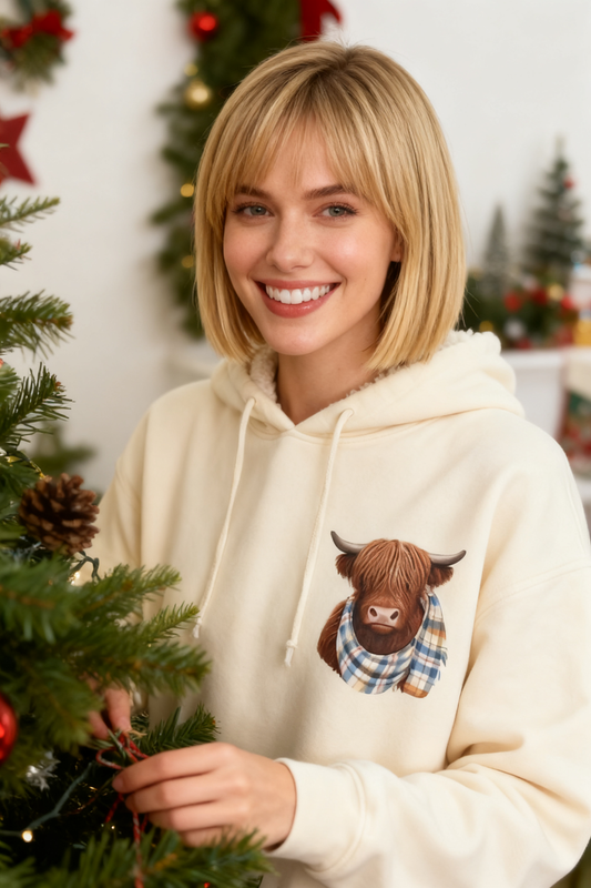 🎄🎅CHRISTMAS SALE 50% OFF!!🎁Cute Highland Cow Cozy Fleece-Lined Hooded Sweatshirt🦬
