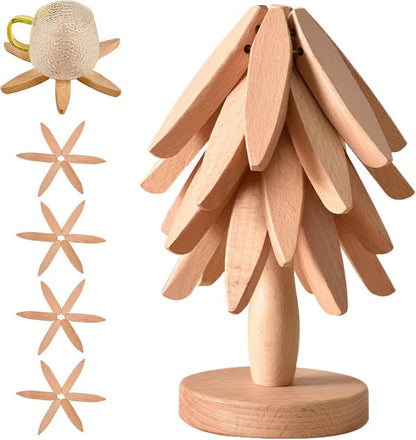 🎅Xmas Sales - 50% OFF🎄✨Natural Tree Trivet Set - 4 Wooden Trivets & 1 Stand Like a Christmas Tree