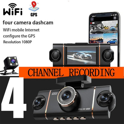 🚗4-Channel HD Dashcam with Front Interior Rear Recording🎥